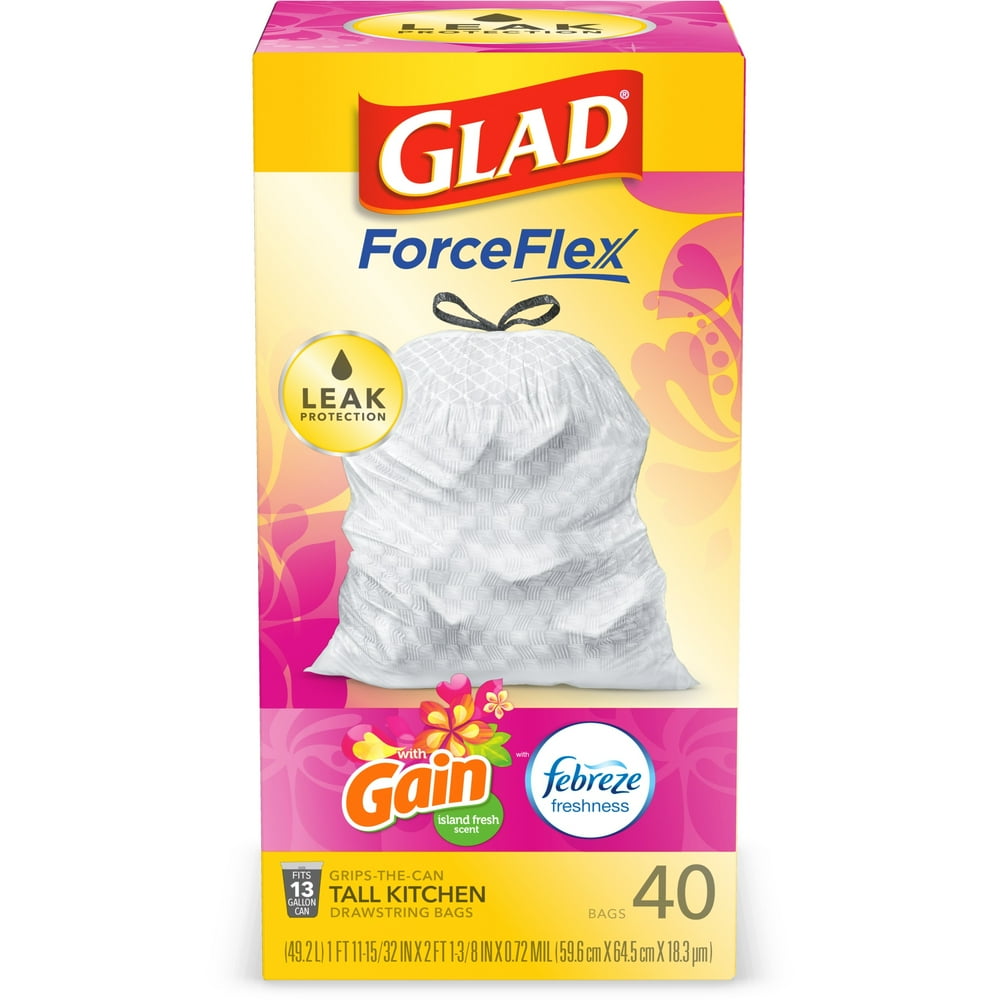 Glad Tall Kitchen Trash Bags, 13 Gallon, 40 Bags (ForceFlex, Gain