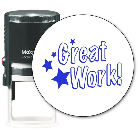 MaxMark Round Teacher Self Inking Stamp - Great Work! - Jumbo Series, Style TS314 with Blue Ink