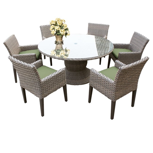 Oasis 60" Round Glass Top Patio Dining Table with 6 Dining Chairs in