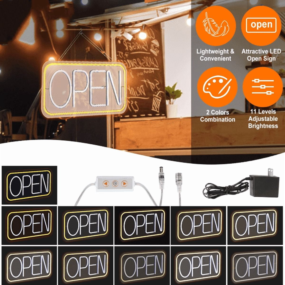 LED Neon Open Sign, Dimmable Business Store Front Light Sign with Controller & Hanging Chain, Dual‑Color Lighting for Cafe, Restaurant, Salon Indoor Use
