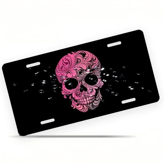 Pink Swirl Skull Funny Personalized License Plate Rust-proof Stainless Steel Metal License Plate Suitable For Men And Women 12.2" x 6.2"