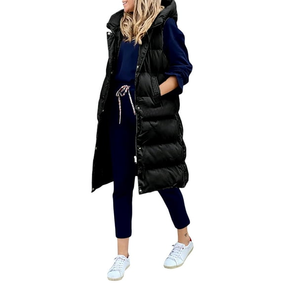 Aunavey Women's Hooded Long Down Vest Full-Zip Sleeveless Puffer Quilted Vest Winter Coats Jacket