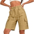 thumbnail image 6 of Women's Comfortable Elastic Waist Shorts with Pockets, Solid Pocket Button Front Stretchy Casual Shorts, Lounge Athletic Daily Wear Summer Capri for Women | UKHCCC,Khaki S, 6 of 8