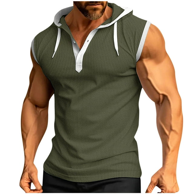 Posijego Knit Tank Top for Men Hooded Drawstring Button Sleeveless Tanks Athletic Workout Muscle Shirts