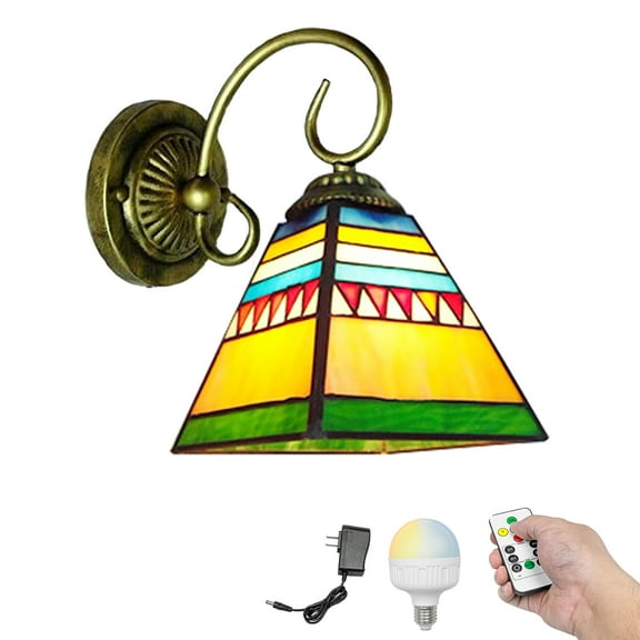 Kiven Battery Operated Wall Sconces, Tiffany Style Wall Lights with Rechargeable LED bulb and Glass Shade,Dimmable Wall Lighting Fixtures for Painting Bedroom Hallway（1 Light）