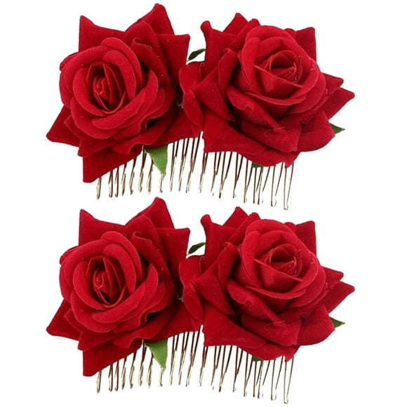 2Pcs Bridal Hair Bun Clips Fabric Rose Flower Hair Combs Wedding Hair Styling Tool