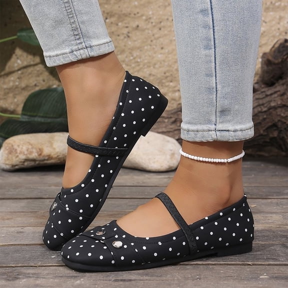 Women's Mary Jane Flats Casual, Polka Dot Women's Dress Shoes, Ballet Flats for Women: Mary Jane Flats With Dot Slip-On Dressy Comfortable Casual Ballerina Shoes for Wedding Bridal Work, Black 5.5