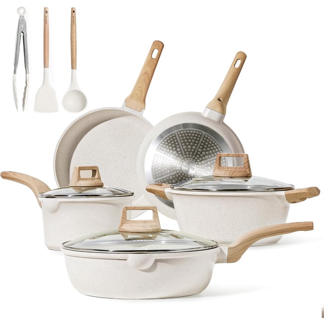 CAROTE Juego de ollas y sartenes antiadherentes, juegos de utensilios de cocina de inducción de granito blanco, juego de cocina antiadherente de 11 piezas con sartenes y cacerolas (libre de PFOS, PFOA