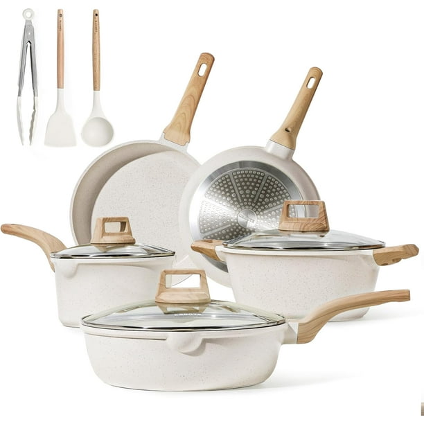 CAROTE Juego de ollas y sartenes antiadherentes, juegos de utensilios de cocina de inducción de granito blanco, juego de cocina antiadherente de 11 piezas con sartenes y cacerolas (libre de PFOS, PFOA