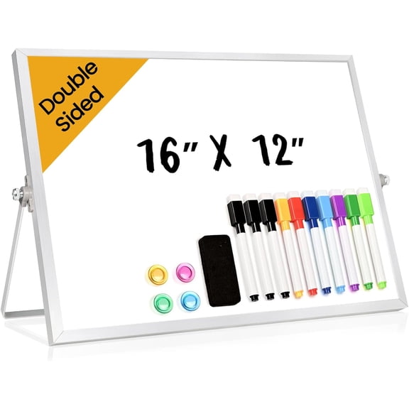 Desktop Whiteboard with Stand, 16" x 12" Double-Sided Dry Erase Board with Stand, Portable Stand White Board for Office, Home, School