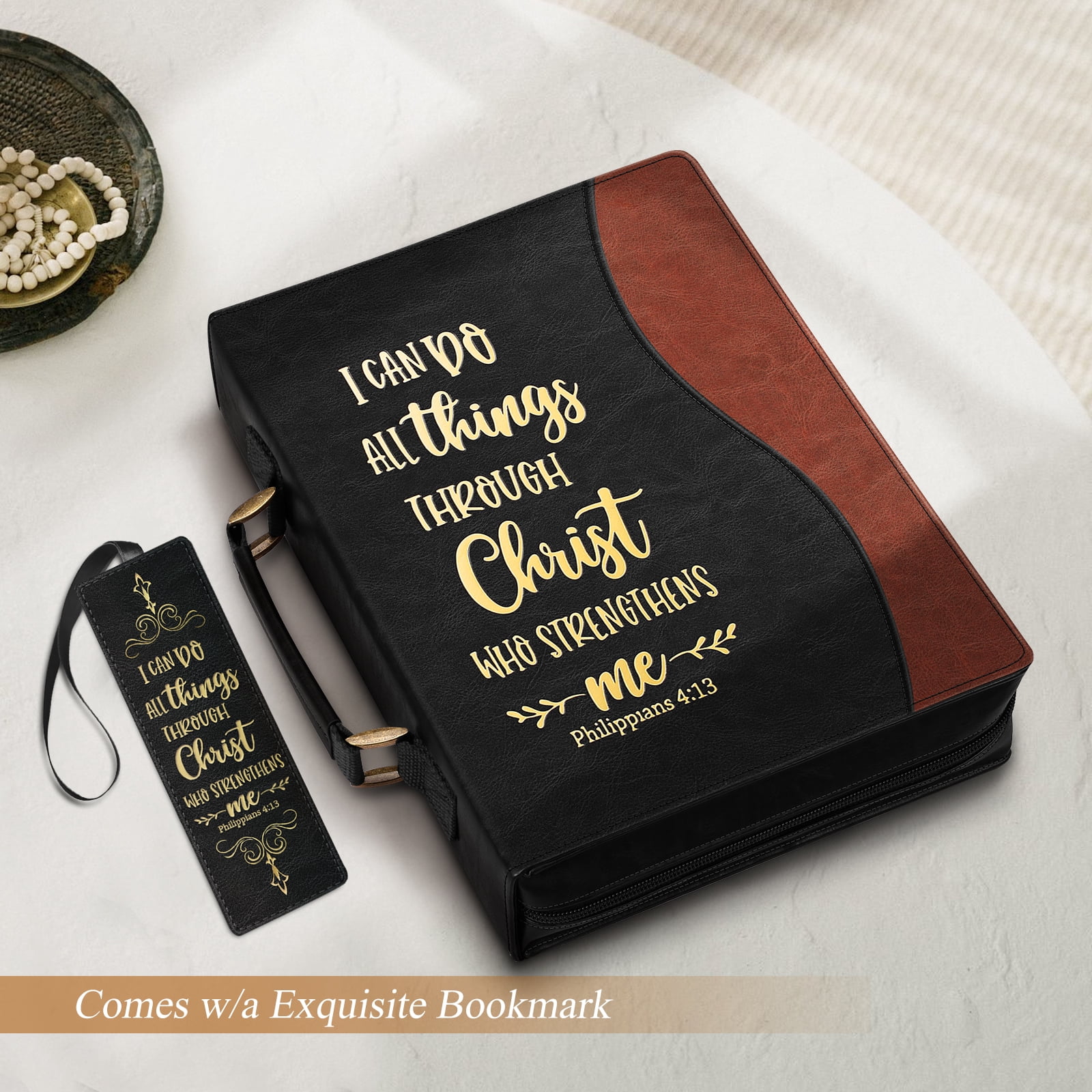 Classic Bible Cover, FINPAC Large PU Leather Carrying Book Case Church Bag Bible Protective with Handle, Perfect Gift for Men, Women, Father, Mother, Friends [I Can Do All Things], Black/Brown
