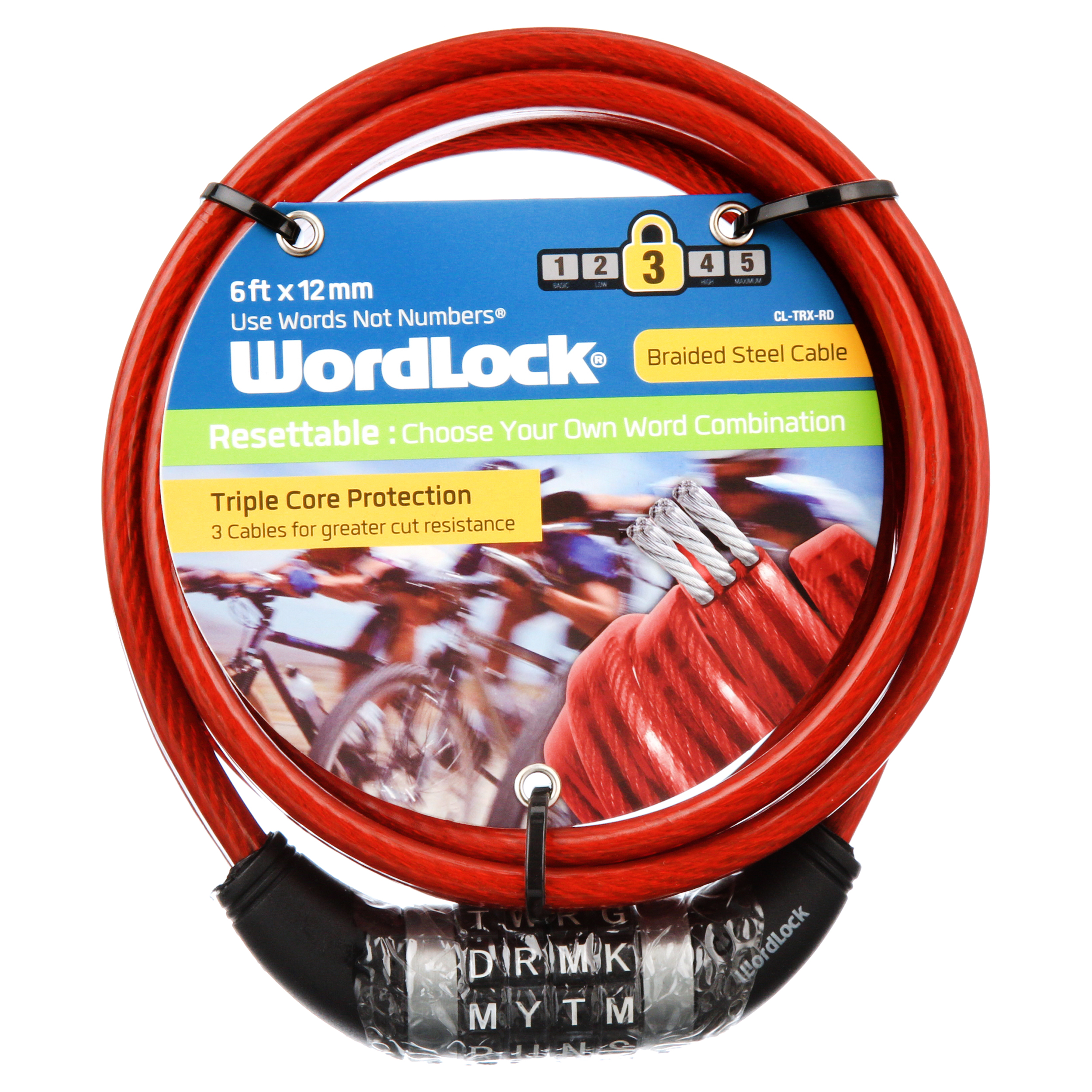 Wordlock Triple Core Bike Lock, 6ft x 12mm Resettable Steel Cable Lock, Red