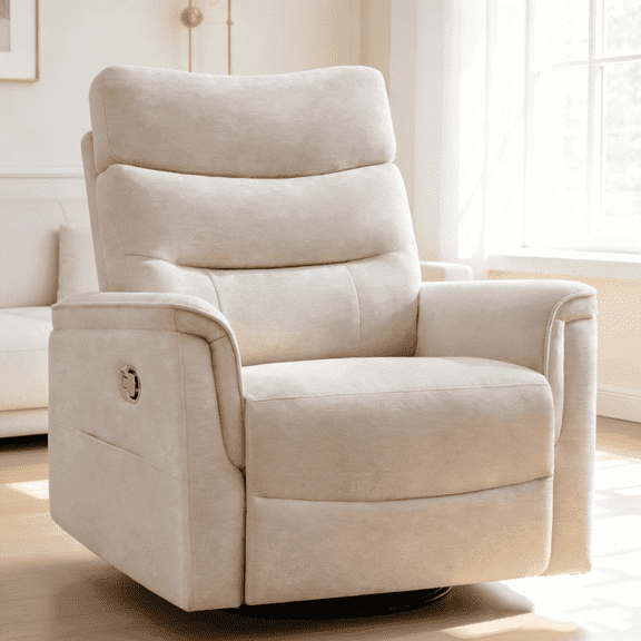 BaseBeauty 26" Rocker Recliner, Oversized Swivel Rocker Recliner, Nursery Glider Recliner with Overstuffed Armrest, Chenille Camel