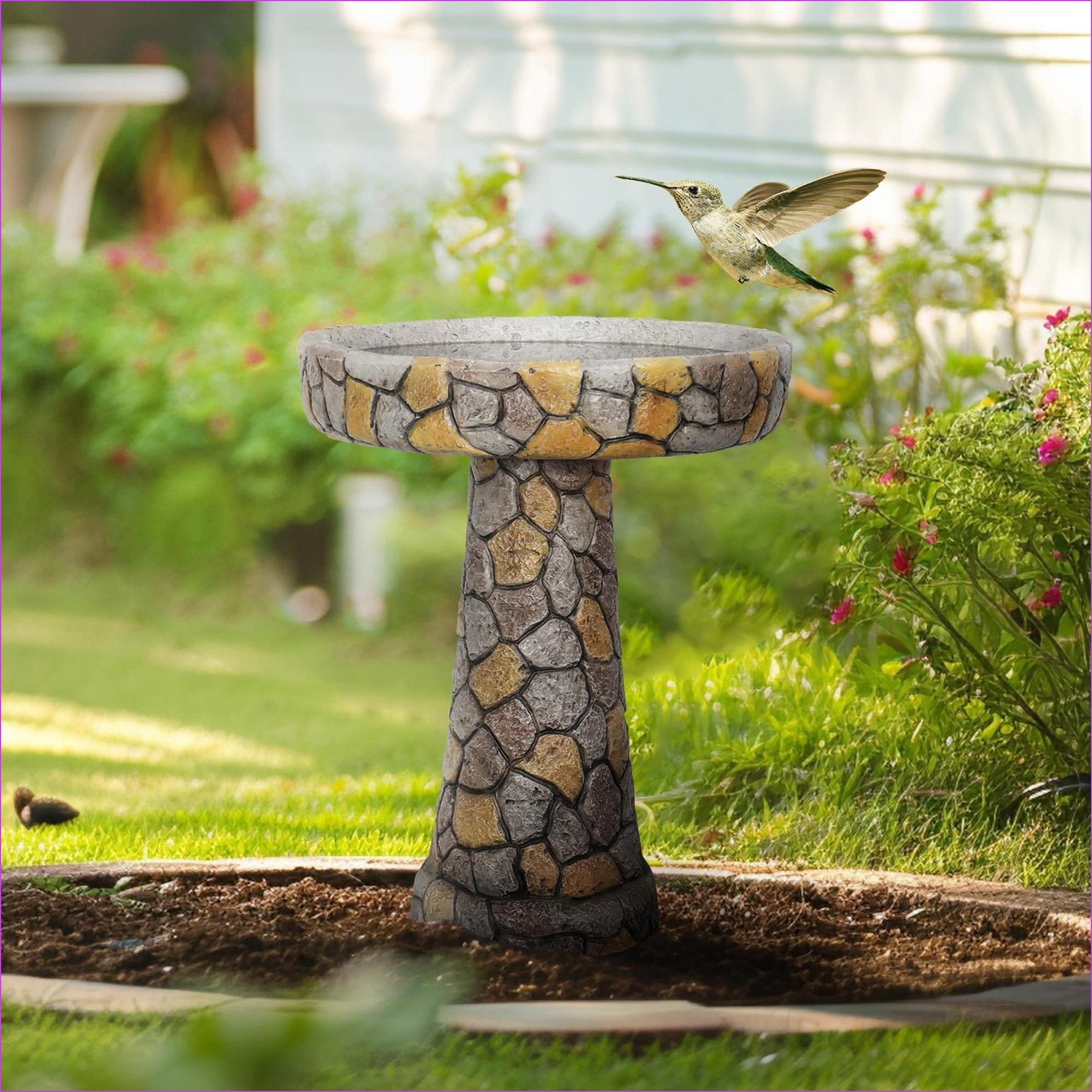 Bird Baths | 24" Tall Traditional Outdoor Garden Pedestal Bird Bath, Antique Stone Finish | Mosaic Stone | Concrete Cement