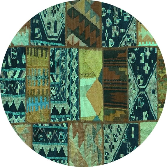 Ahgly Company Machine Washable Indoor Round Patchwork Turquoise Blue Transitional Area Rugs, 8' Round