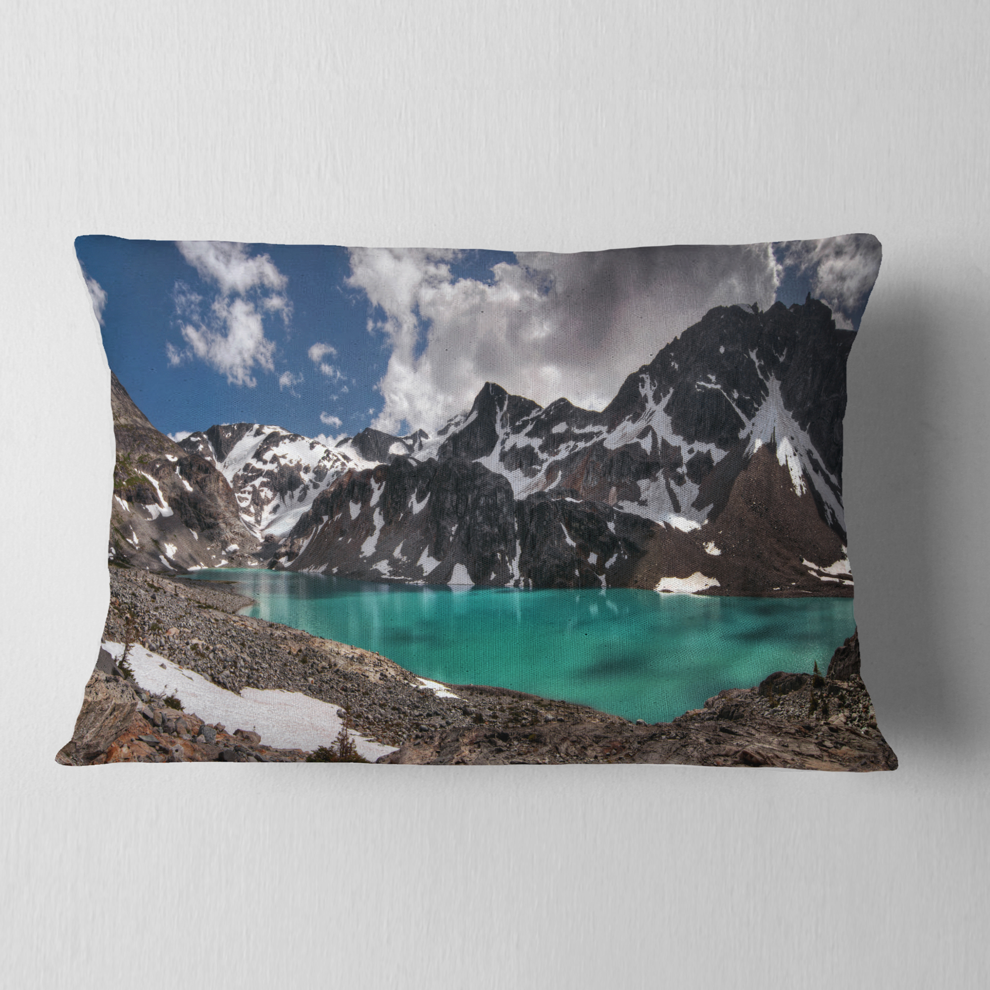 Designart Distant Mountains and Mountain Lake - Landscape Printed Throw Pillow - 12x20