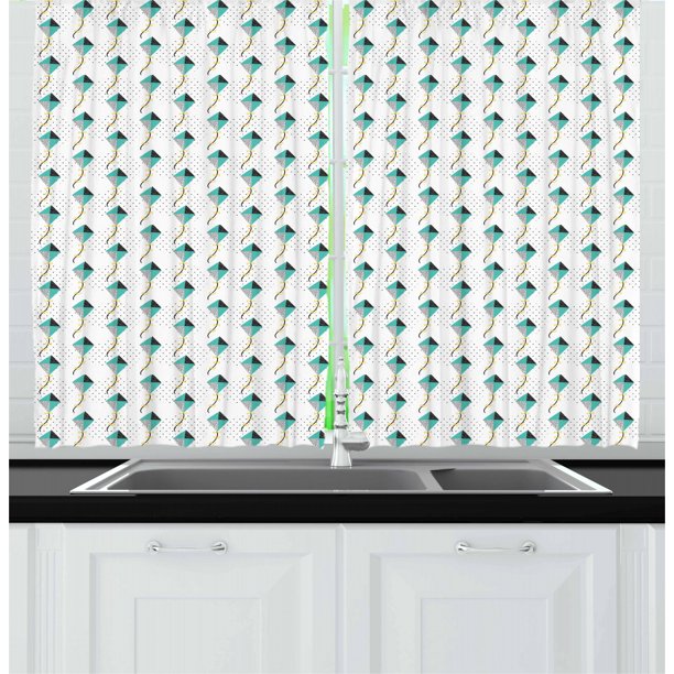 Kites Curtains 2 Panels Set, Doodle Contemporary Kites with Geometric Triangles Circles Ribbons
