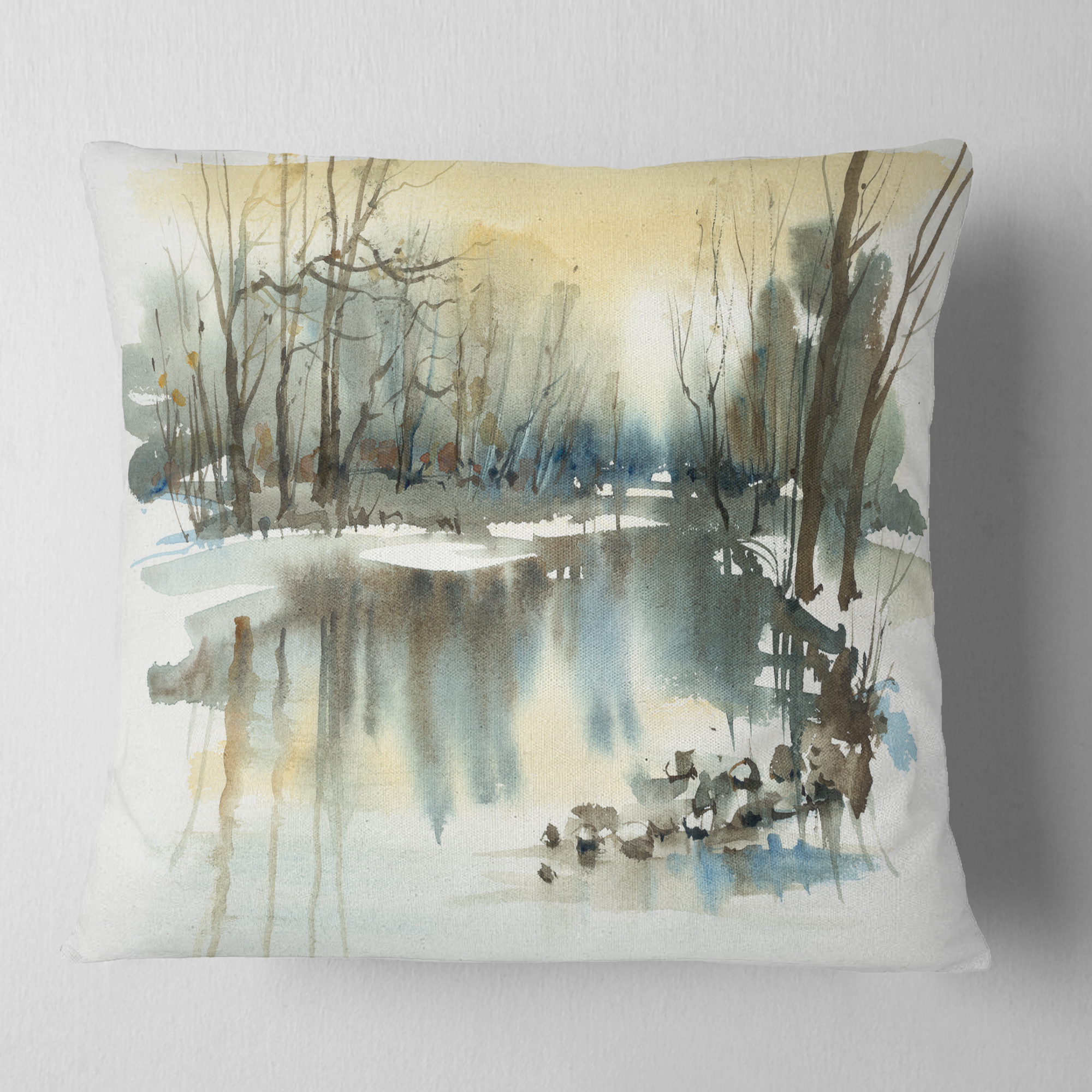 Designart River in Winter - Landscape Painting Throw Pillow - 16x16