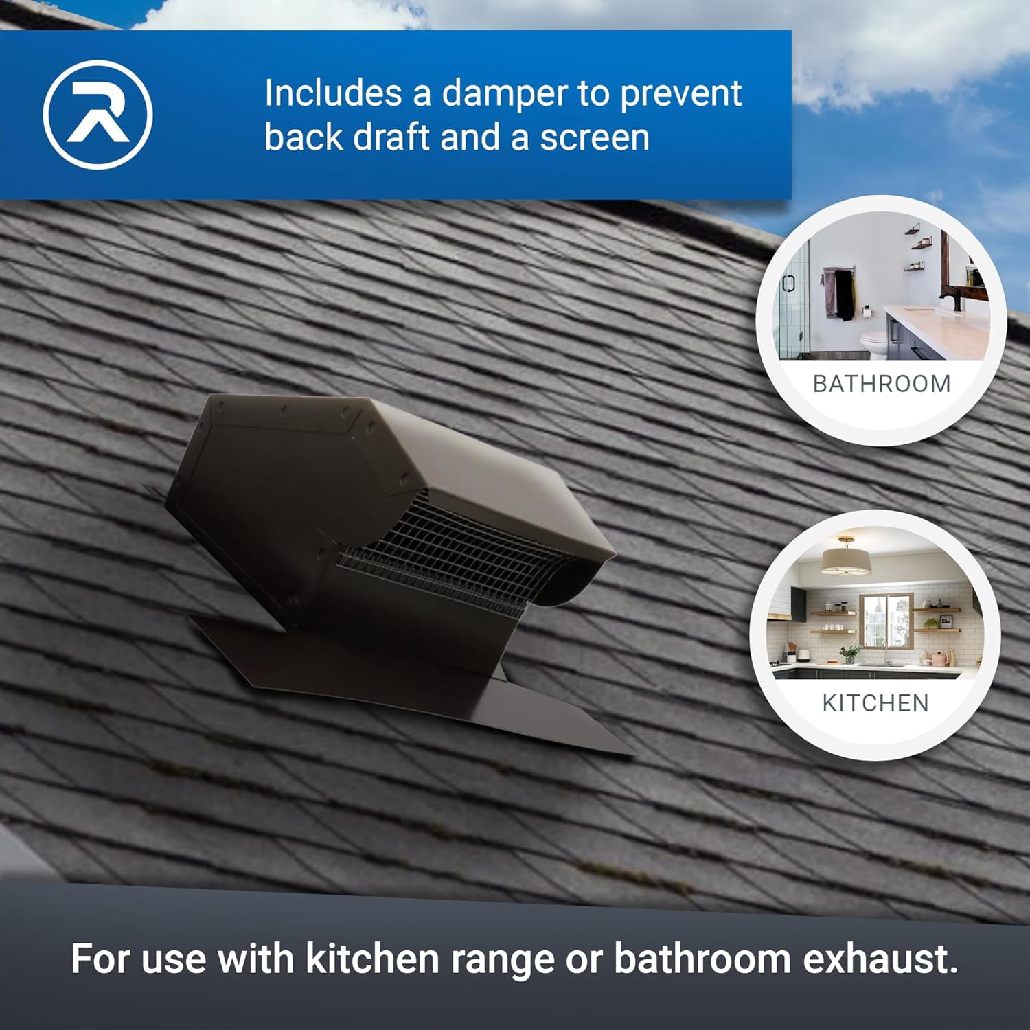 RDP Rooftop Exhaust Vent Cap with Damper and Bottom Extension (4 Inch, Galvanized)