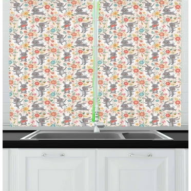 Spring Curtains 2 Panels Set, Powder Puff Tailed Bunnies Jumping and Eating Tasty Carrots Around Flower Bouquets, Window Drapes for Living Room Bedroom, 55W X 39L Inches, Multicolor, by Ambesonne