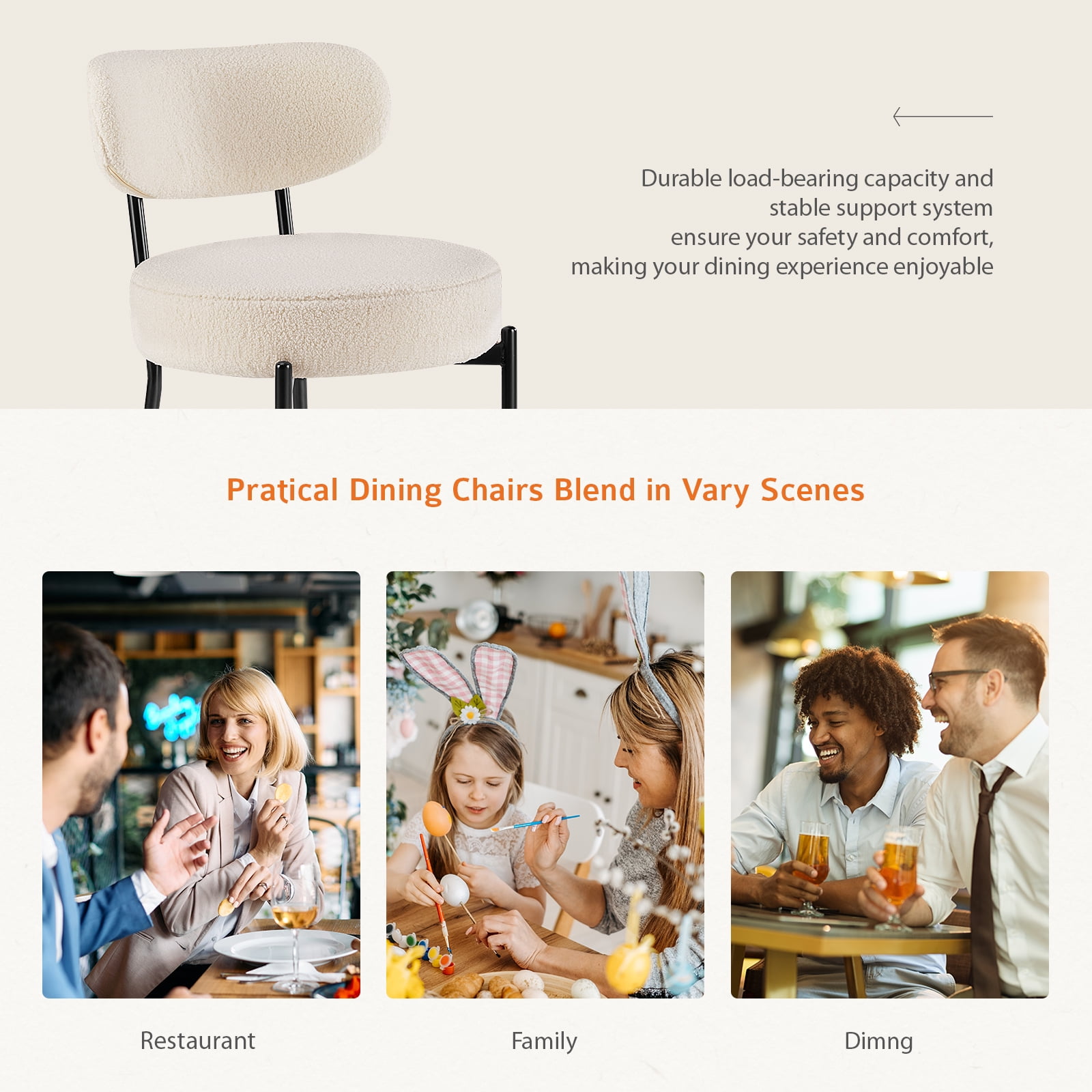 CONCETTA Dining Chairs Set of 2, Kitchen Chairs with Curved Backrest & Metal Legs, Mid Century Modern Round Dining Room Chairs for Vanity, Living Room,Beige