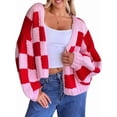 thumbnail image 1 of Cardigan à Carreaux Color Block pour Femmes, Chandail à Manches Longues, Tricoté, Ouvert, Rouge m, 1 of 8