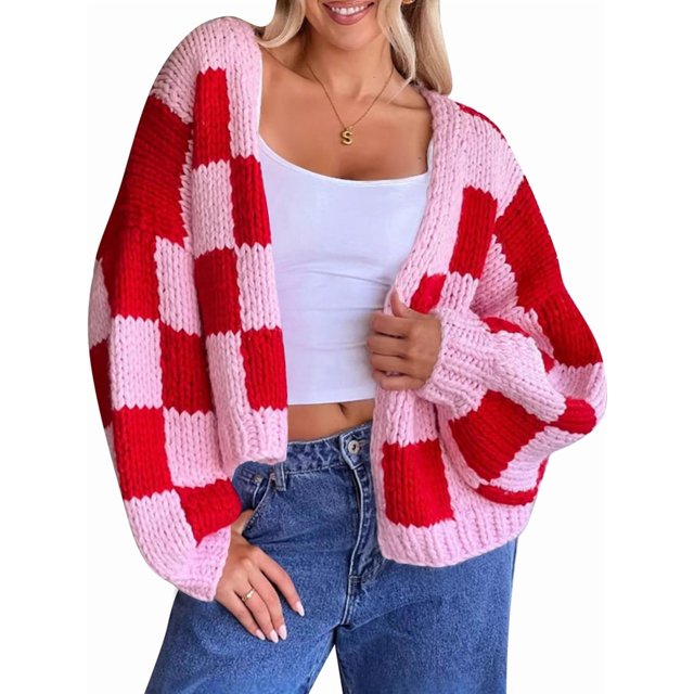 Cardigan à Carreaux Color Block pour Femmes, Chandail à Manches Longues, Tricoté, Ouvert, Rouge m