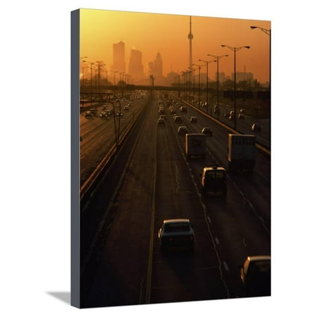 Hectic Traffic on Highway at Sunset in Toronto, Canada Stretched Canvas Print Wall (Best Traffic App Toronto)