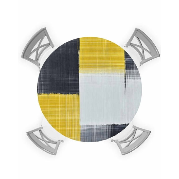 nqOlkjepod Yellow Black Geometric Round Tablecloth, Fitted Table Cover with Elastic for 55"-60" Round Tables, Abstract Vintage Oil Painting Table Cloth Outdoor Dinning Party Waterproof Tablecloths