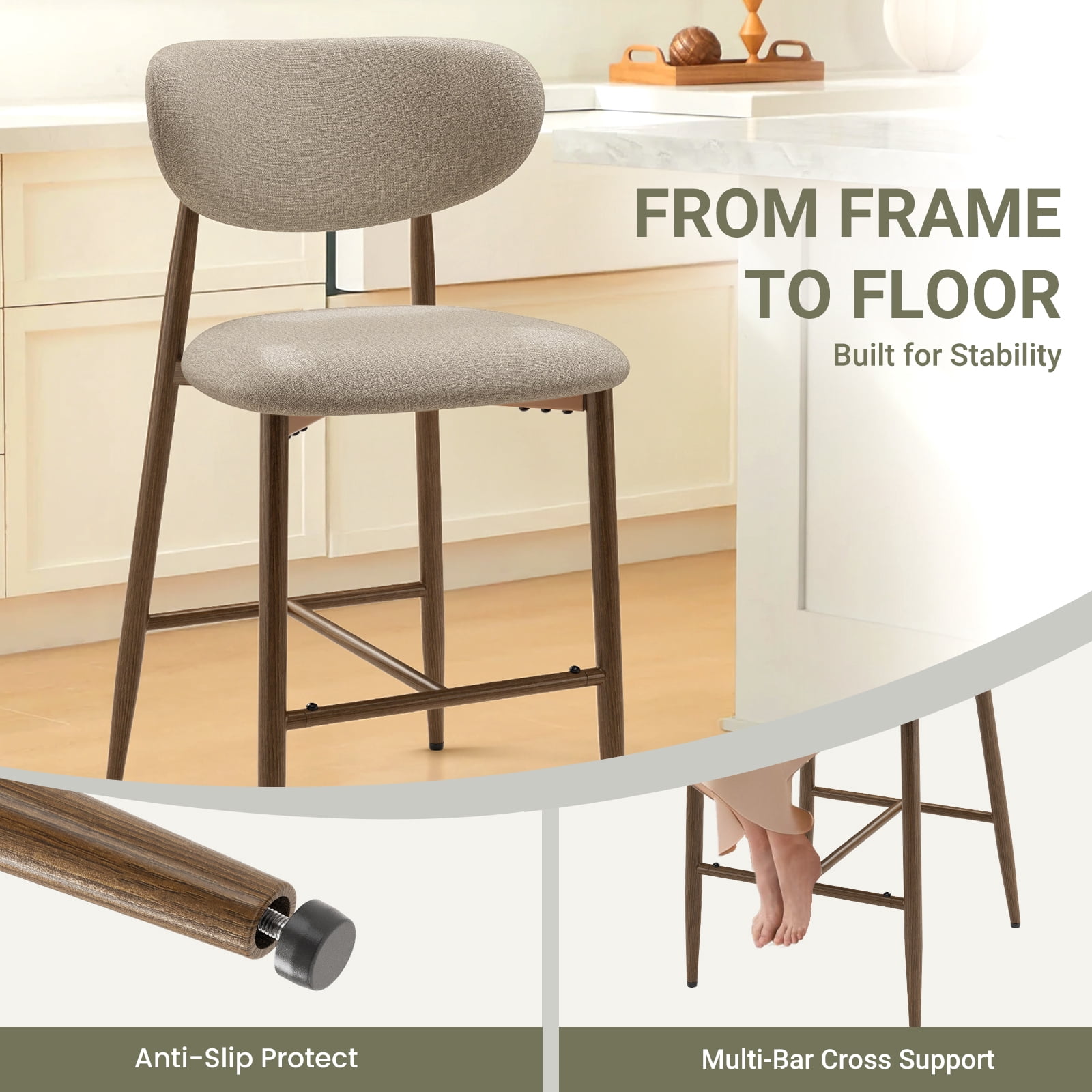 AFO Counter Height Bar Stools Set of 4, Modern Upholstered Kitchen Island Chairs with Back, Wood Grain Metal Legs, Camel