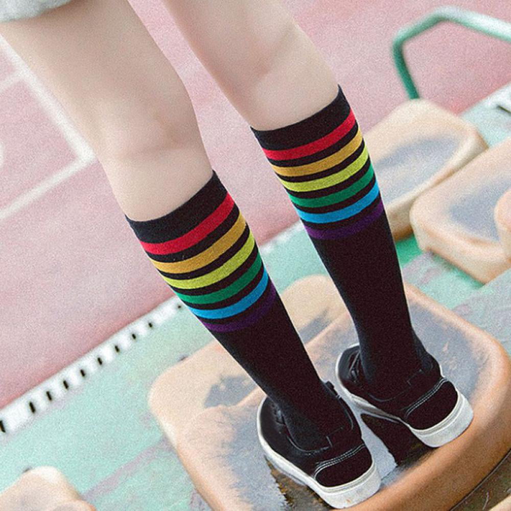 Ladies/Women Black Thigh High Over The Knee Referee Socks with Rainbow Stripes 
