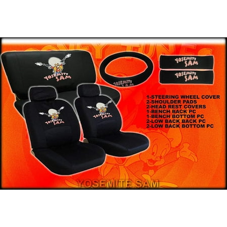 11pc Yosemite SAM Looney Tunes Low Back Seat Covers with Head Rest Covers, Bench Cover and Steering Wheel Cover with Shoulder Pads Licensed and Rare
