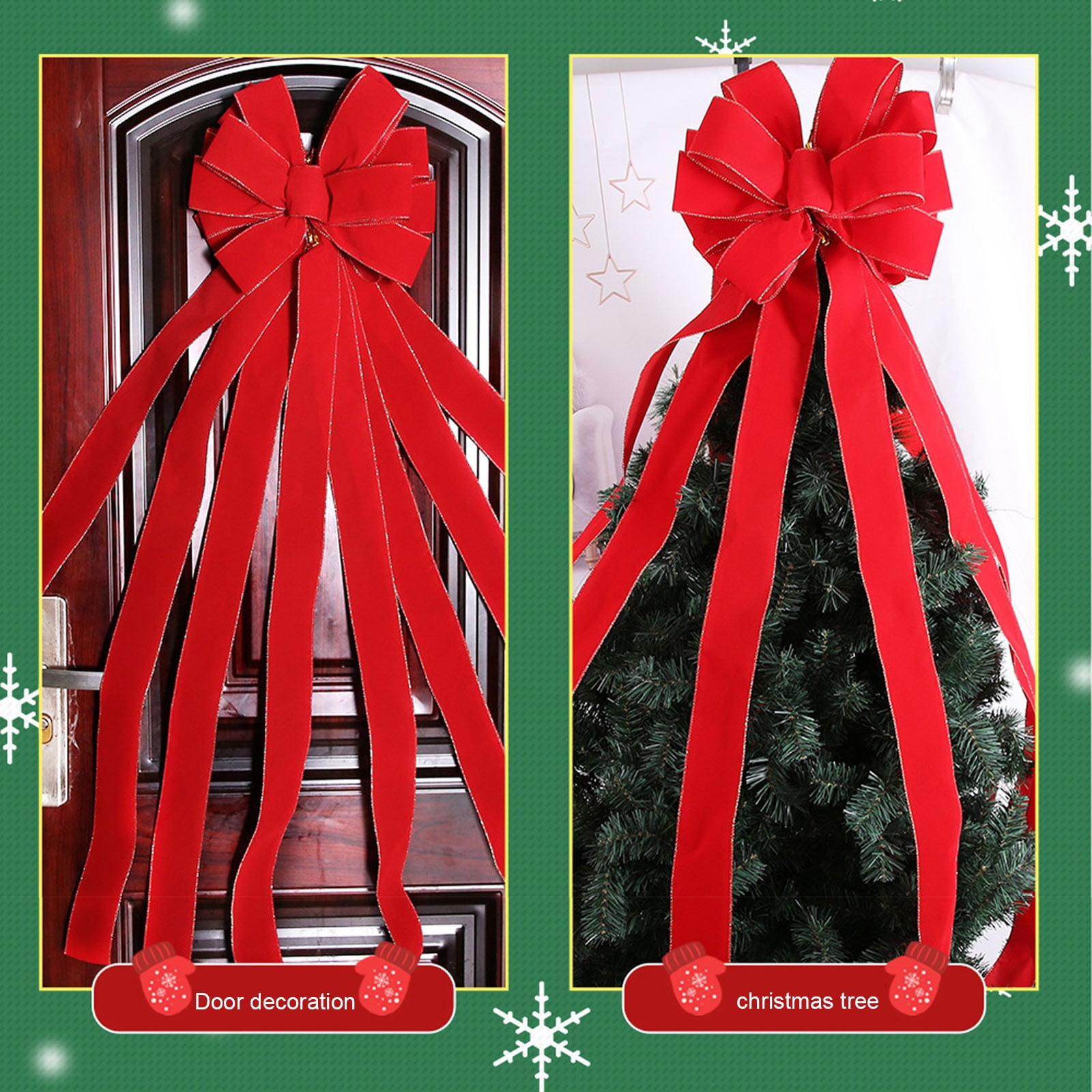YUNAFFT Christmas Tree Topper Bow, Large Red Velvet Bow with Gold Edge and Long Streamers, Christmas Wreath Bows for Xmas Tree Handmade Holiday Party Decorations