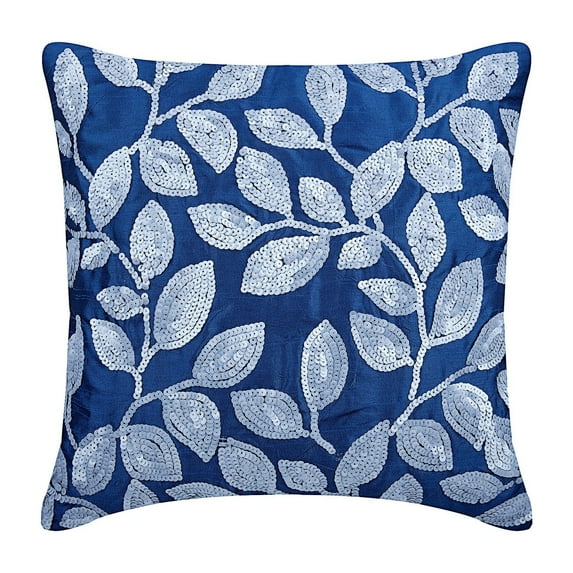 Royal Blue Pillow Shams, Sequins Leaves Garden Pillow Shams, 24x24 inch (60x60 cm) Pillow Shams, Square Silk Pillow Shams, Pillow Shams, Modern, Floral Pattern - Royal Song
