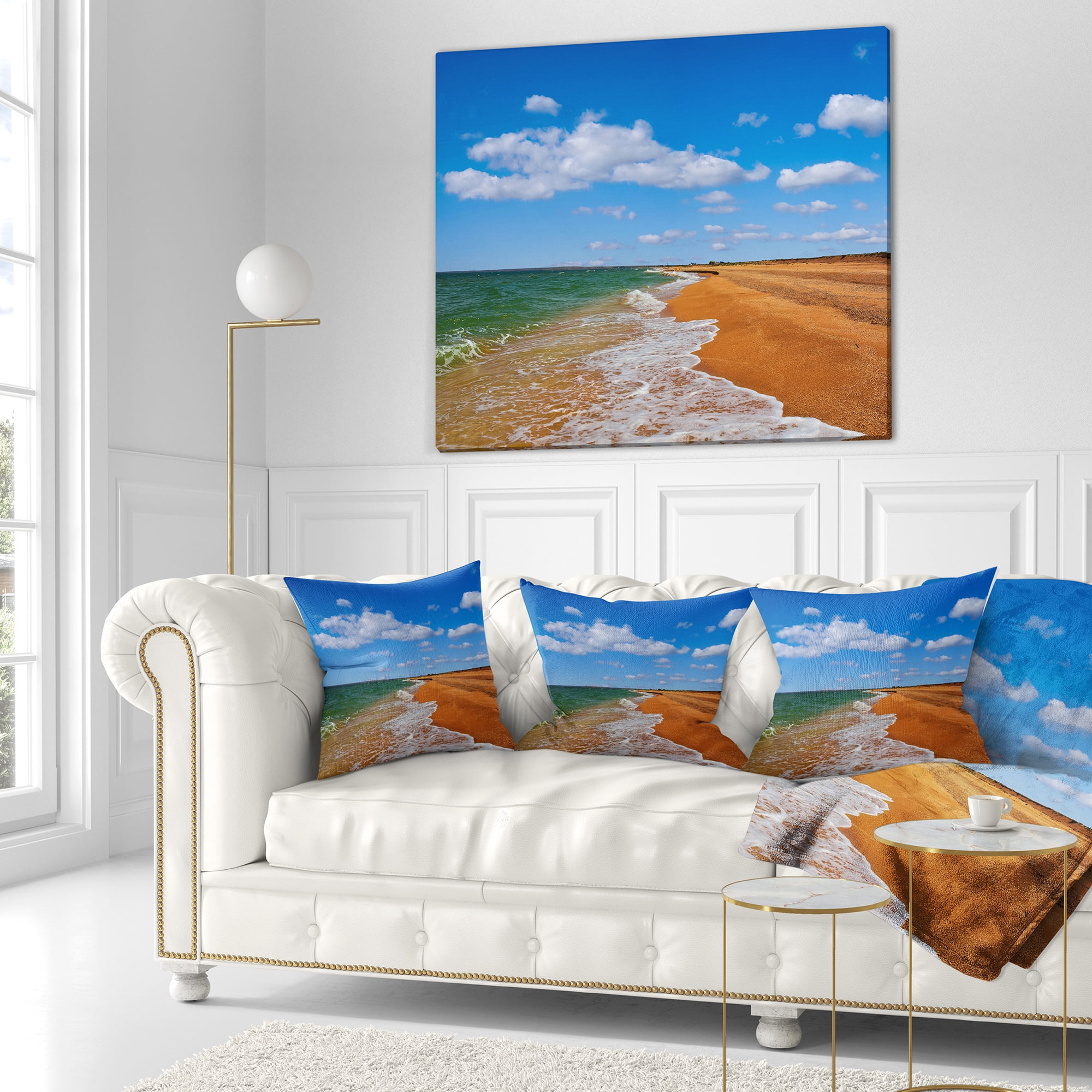 Designart Green Waters on Winter Day Beach - Seashore Throw Pillow - 16x16