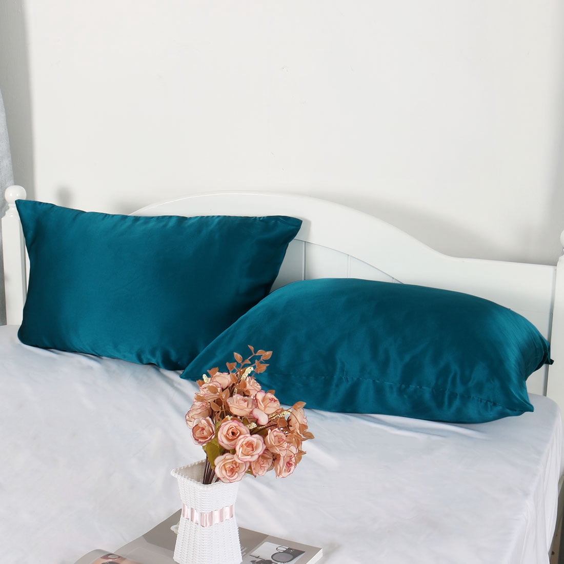 Unique Bargains 2 Pieces 100% Silk Fabric Pillowcase Peacock Blue Travel Size