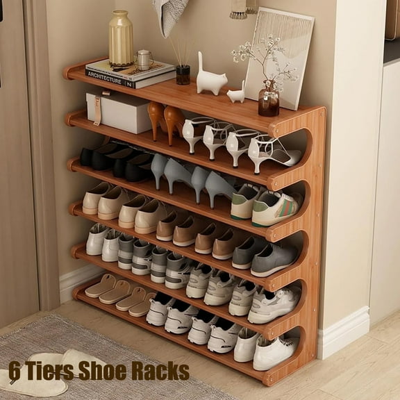 6 Tiers Shoe Racks, Bamboo Vertical Shoe Rack Organizer for Closet Floor, Wooden Stackable Shoe Storage Shelves, for Entryway, Hallway, Multifunctional Front Door Shoe Rack, 70cm/27.5''