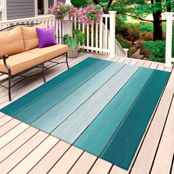 Teal Turquoise Outdoor Rug for Patio/Deck/Porch, Non-Slip Large Area Rug 6 x 9 Ft, Farmhouse Abstract Gradient Wooden Plank Indoor Outdoor Rugs Washable Area Rugs, Camping Rug Carpet Runner