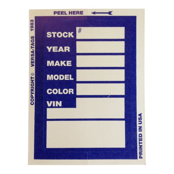 Versa Tag Blue 500 Dealer Stock Sticker Stock Tag Versa Decal 100 Kleer-Bak Clear