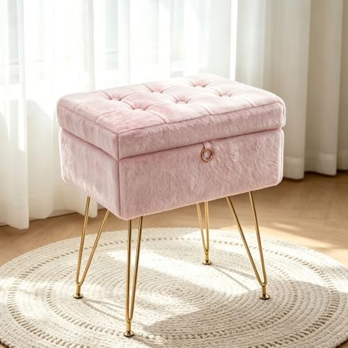 Faux Fur Vanity Stool with Storage, Metal Leg Makeup Ottoman Bench