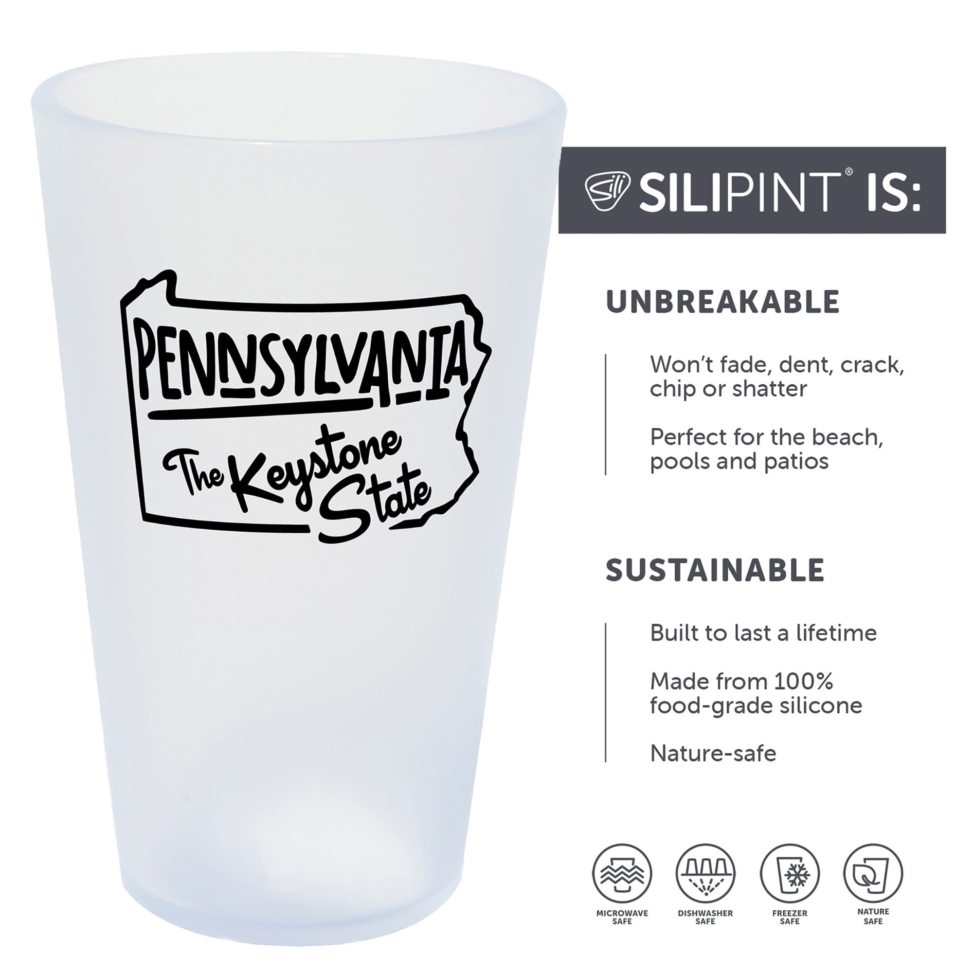 Silipint: State Pint Glasses 16oz: 2 Pack - Pennsylvania - Icicle Silicone Cups, Unbreakable, Hot/Cold Drinks, Dishwasher-Microwave-Freezer-Oven Safe