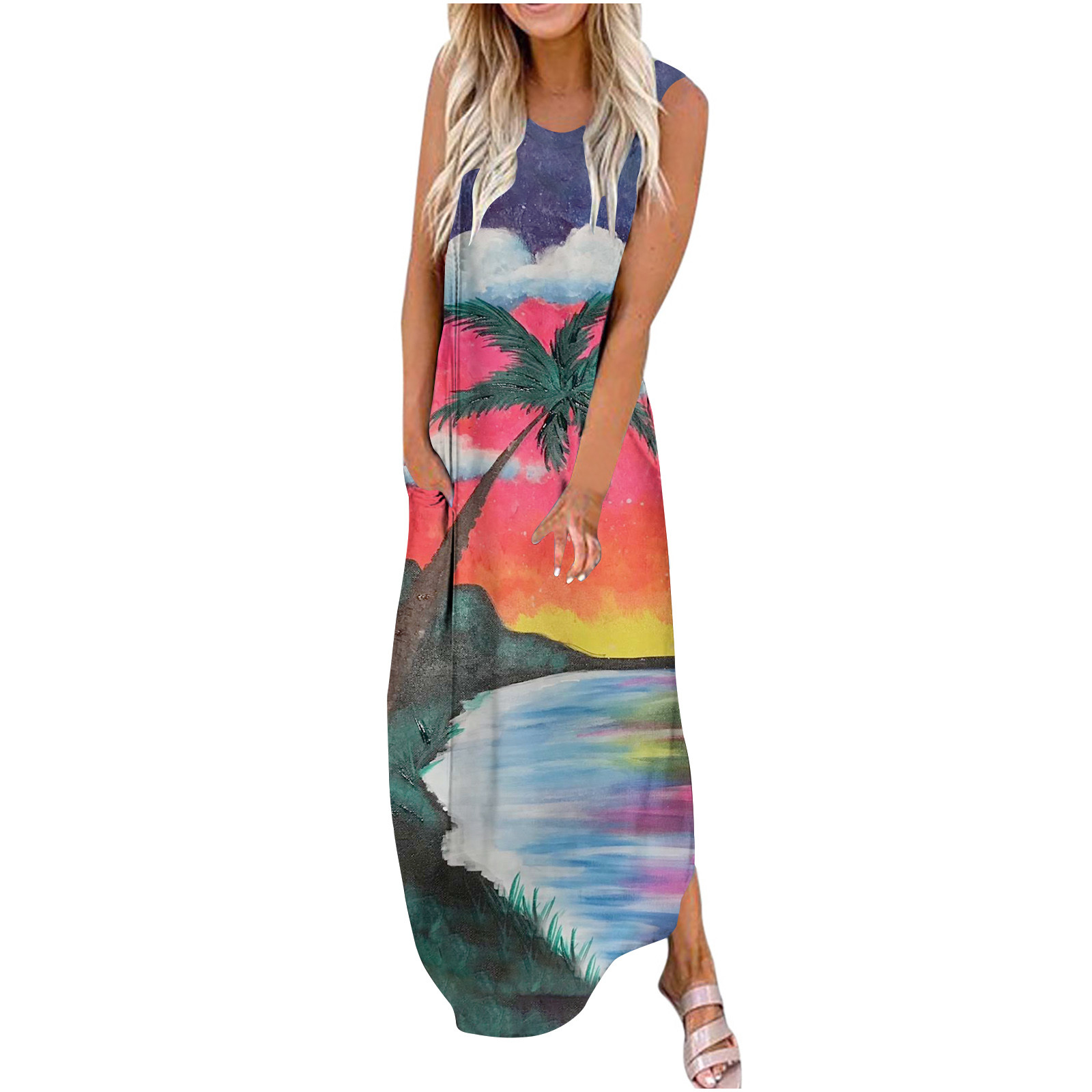 MIANHT Party Dress for Women Tropical Print Beach Hawaiian Sun Dress