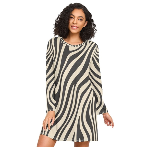 FORMRS Womens Long Sleeve Nightgowns Crew Neck Sleep Shirt Soft Pajamas Sizes S-3XL, Black Lines