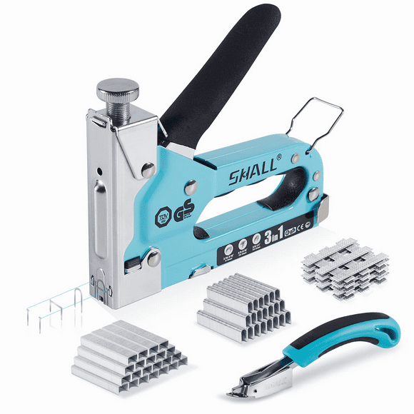 SHALL Staple Gun Heavy Duty, 3-in-1 Upholstery Staple Gun Kit with 3000 Staples, Staple Remover, Manual Brad Nailer with Specific Staples Outlet Position Indicator Blue