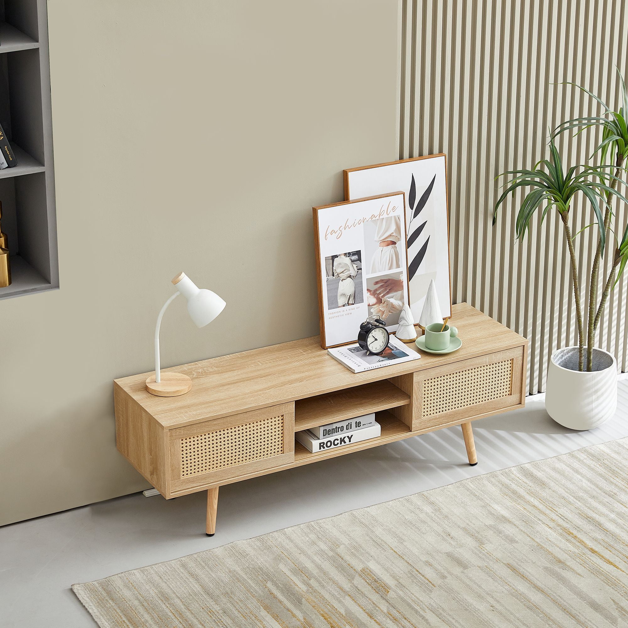DEALTOPS Modern Rattan TV Stand with Sliding Doors and Open Storage Compartments for TVs up to 55'' -Natural