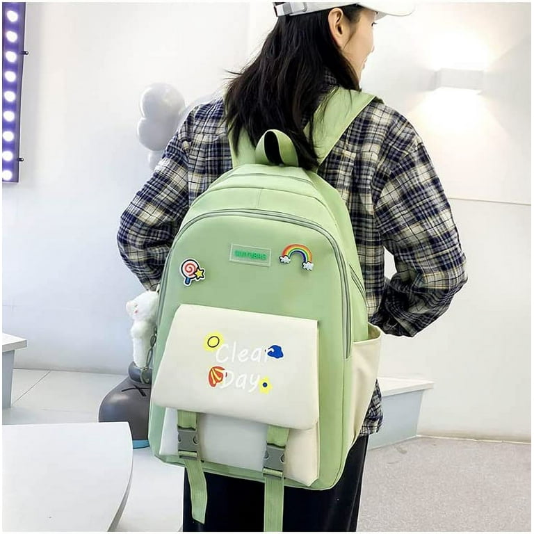 DanceeMangoos 4Pcs Kawaii Canvas School Backpack with Pendant, Aesthetic  Laptop Shoulders Ita Bag, Japanese School Supplies Stationary for Back to  School (Green) 