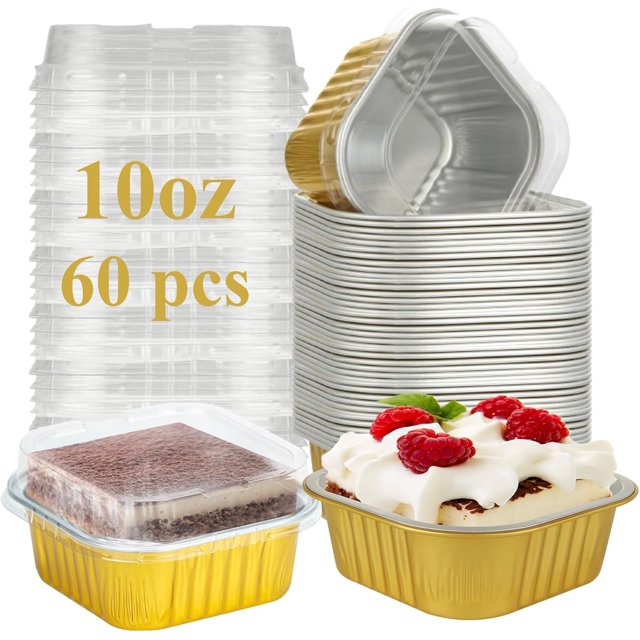 60PCS Large Disposable Ramekins with Lids, 10oz Glod Aluminum Foil Baking Cups with Lids, Individual Cake Pans Square Cupcake Baking Tins Reusable Dessert Cake Containers for Loaf Cheesecake Muffin