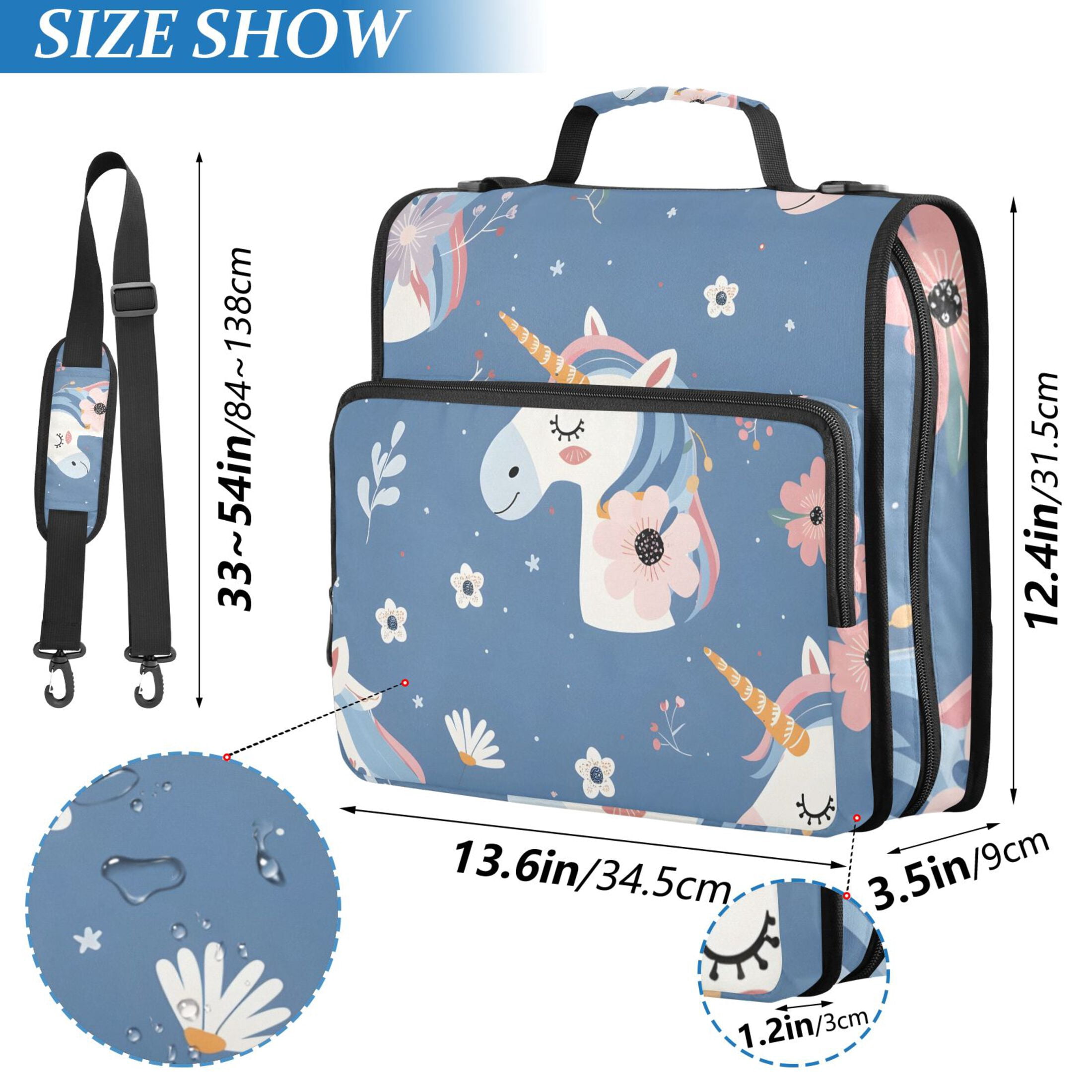3 Ring Zipper Binder with Shoulder Strap Waterproof Trapper Keeper 2 Inch D-Ring 500 Sheets Capacity Cute Unicorn Head and Flowers