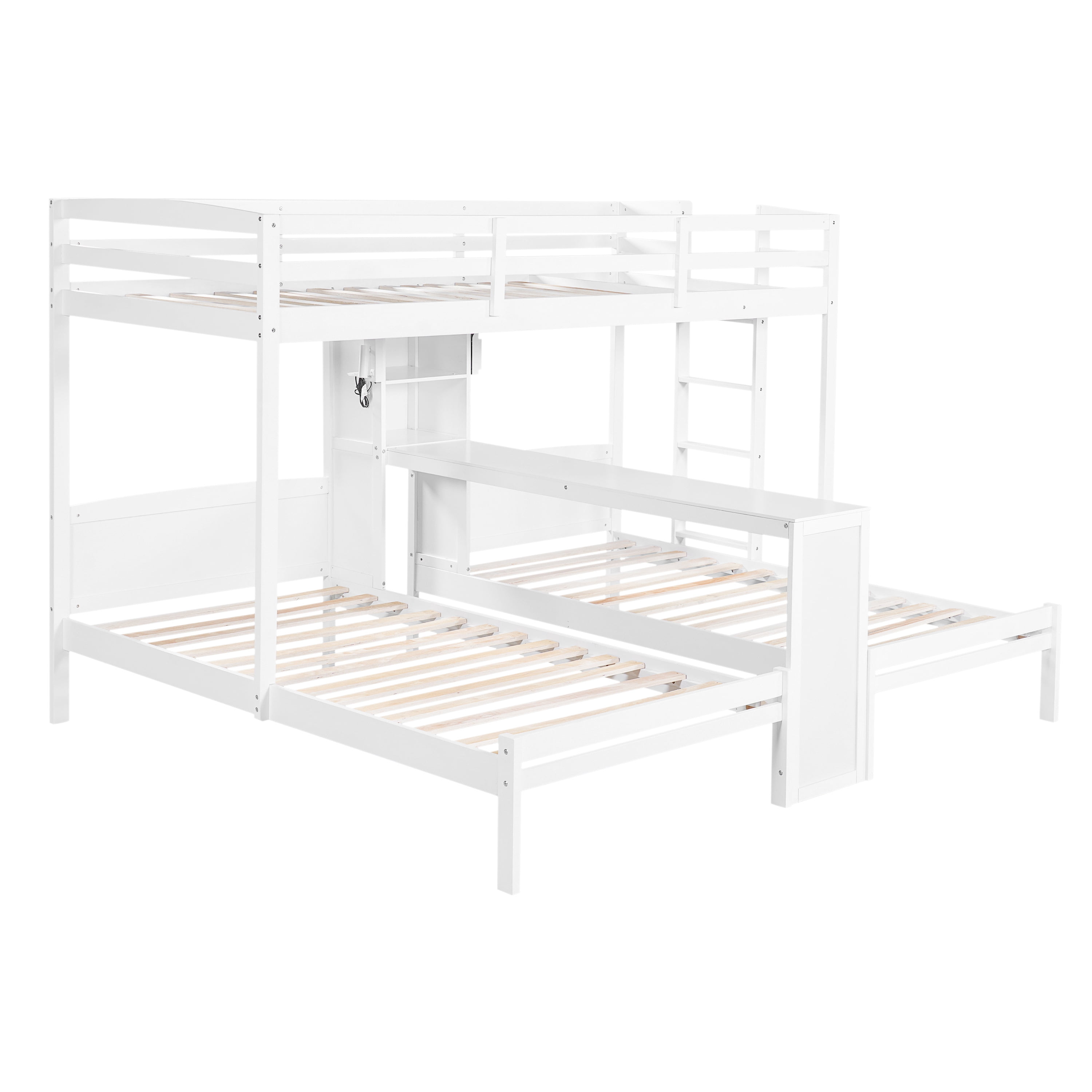 Euroco Wood Twin over Twin Bunk Bed with Desk, 3 Beds in 1 with Shelves and Reading Lamps, White
