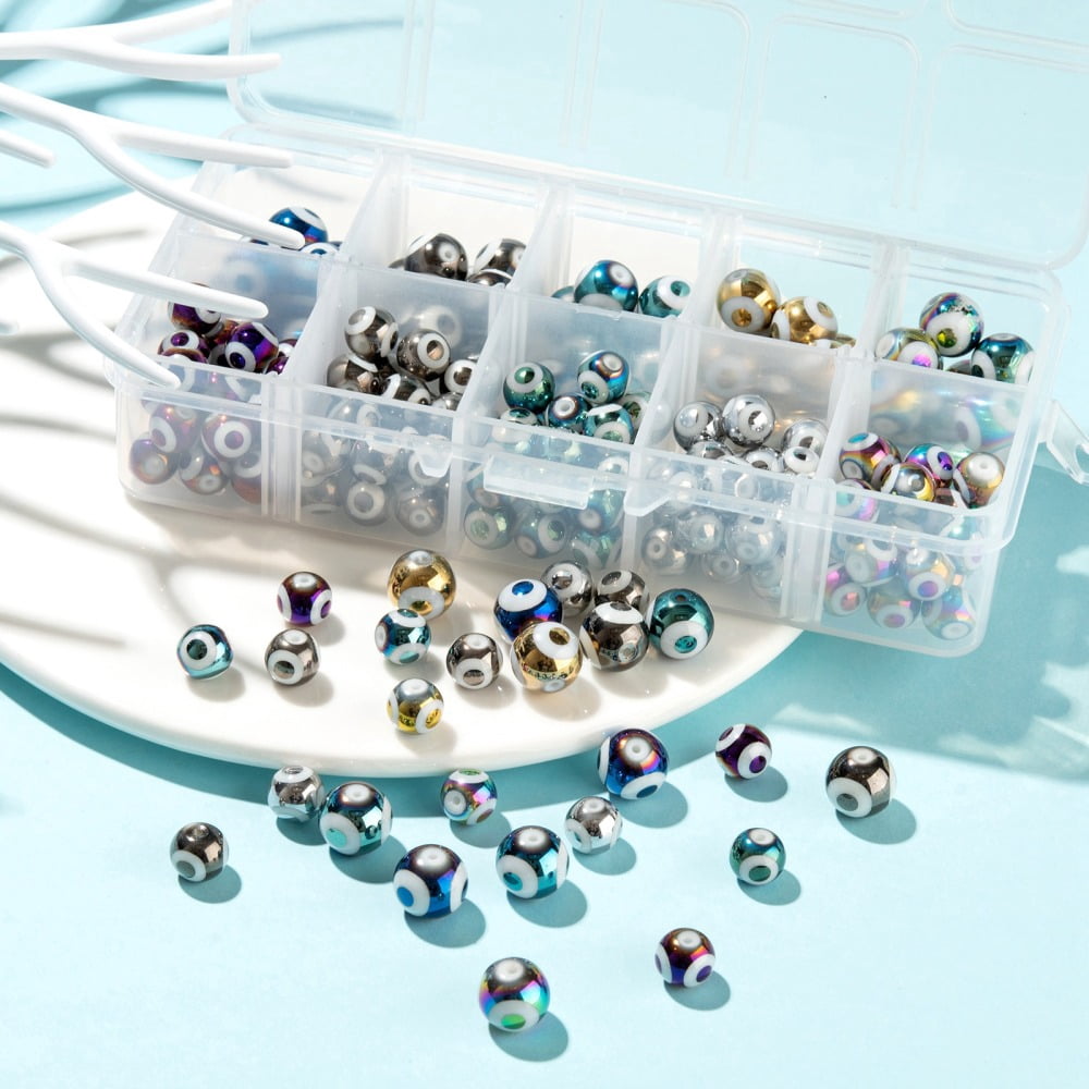 10 Colors Electroplate Glass Beads Round with Evil Eye Pattern Mixed Color 185pcs/box 1Box